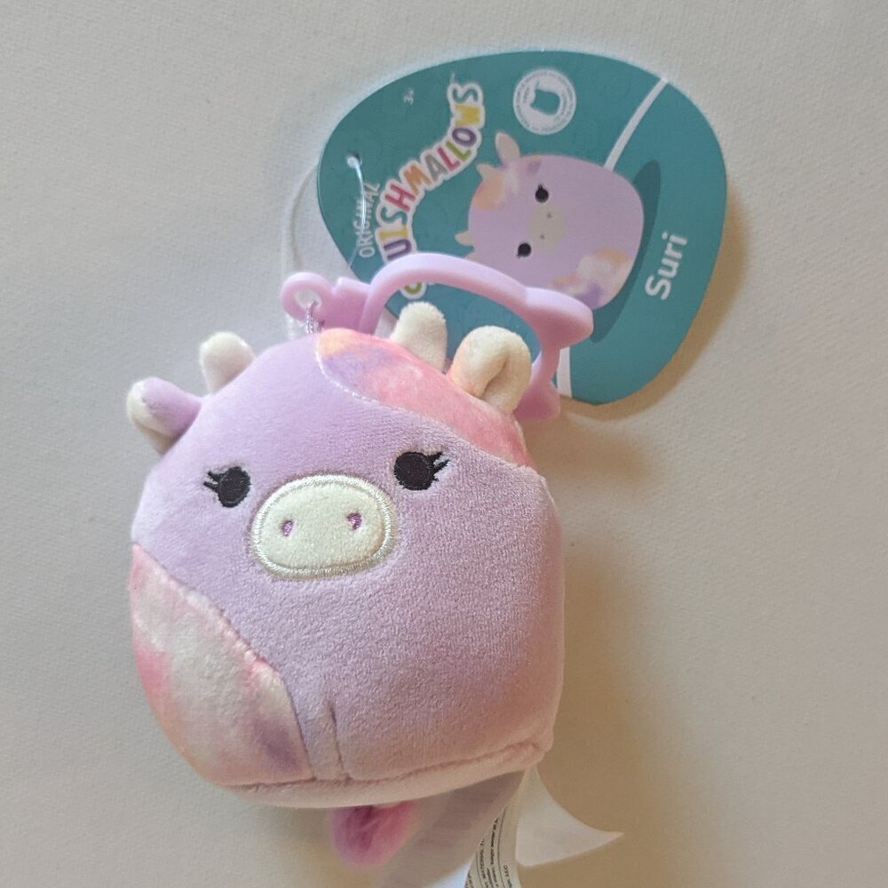 NWT 3.5" Suri Pink Purple Cow Purse Clip Squishmallows Valentine Farmhouse Plush - Picture 2 of 7
